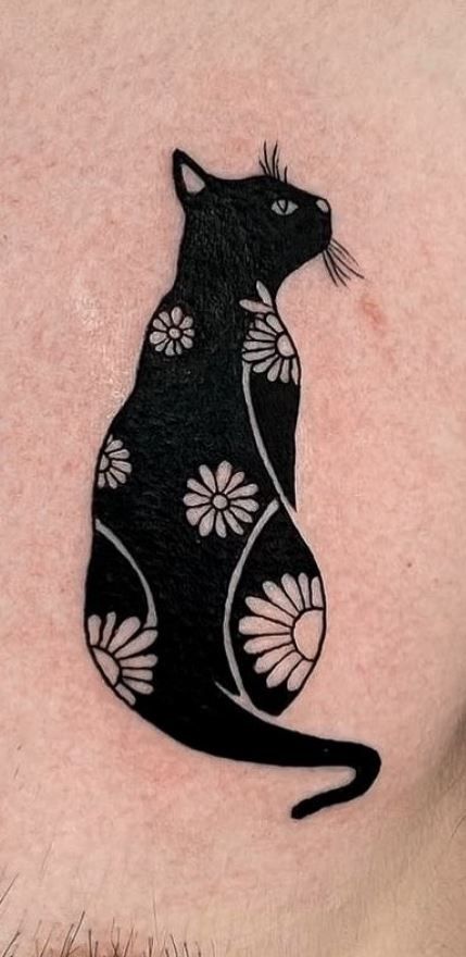 Black Cat White Cat Tattoo, Black Cat Cover Up Tattoo, Cat Looking Up Tattoo, Black Cat With Flowers Tattoo, Vintage Black Cat Tattoo, Cat Coverup Tattoo, Black Kitten Tattoo, Black Cat Portrait Tattoo, Traditional Style Cat Tattoo