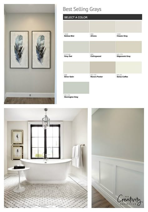 Benjamin Moore Best Selling Grays. #paintcolors #benjaminmoore #neutral #color Paint Colors Benjamin Moore, Interior Paint Colors For Living Room, Benjamin Moore Colors, Balboa Mist, Interior Paint Colors Schemes, Best Interior Paint, Popular Living Room, Popular Paint Colors, Neutral Paint Colors