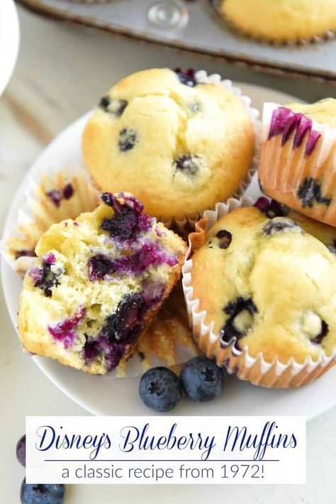 Disney's Blueberry Muffins: Enjoy these famous Blueberry Muffins, served at Walt Disney World resorts in the 1970’s, with this easy, one-bowl, throwback recipe! #DisneyWorld #Disney #Muffins #Blueberries Disneyland Recipes, Moist Blueberry Muffins, The Best Blueberry Muffins, Blueberry Muffin Recipe Easy, Recipes Disney, Disney Dishes, Cauliflower Fritters, Best Blueberry Muffins, Disney Recipes