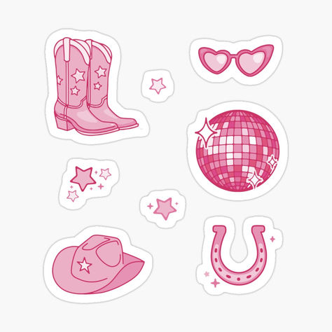 Disco Cowgirl Sticker pack and repeating pattern! This design features a cowboy hat, disco ball, heart shaped sunglasses, and cowboy boots! Cute pink stickers, perfect valentines day gift idea! Pink Cowboy Hat Clipart, Cowgirl Stickers Aesthetic, Cowgirl Boots Sticker, Cowboy Stickers Aesthetic, Aesthetic Stickers Redbubble, Cowboy Boots Sticker, Cowboy Boot Sticker, Simple Sticker Ideas, Pink Aesthetic Valentines