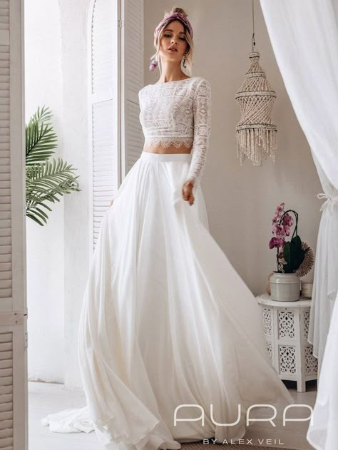 Romantic Bohemian Wedding Dresses Comfortable Wedding Dress, Beige Wedding Dress, Modest Lace Wedding Dresses, 2 Piece Wedding Dress, Crop Top Wedding Dress, Cream Wedding Dresses, Princess Bridal Gown, Two Piece Wedding Dress, Gown Photos