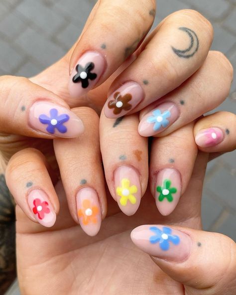 Pride flowers 🌈 - all photo rights owned by @afterglow.bycarmen 😂😘 | Instagram Pastel Funky Nails, Pride Flower Nails, Multiple Nail Designs, Subtle Bi Pride Nails, Pride Nails Subtle, Gay Nail Art, Pride Nails 2024, Non Binary Nail Art, Subtle Pride Nails Short