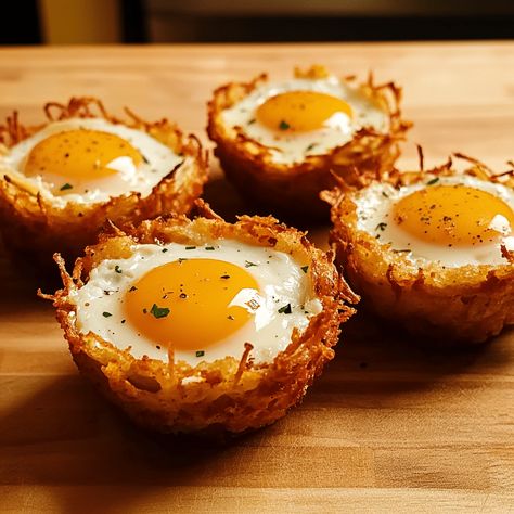 Enjoy Eggs in Crispy Hash Brown Baskets, a delicious breakfast dish featuring eggs baked in crispy hash brown nests for a tasty treat! Egg Nests Breakfast, Egg In A Nest Breakfast, Eggs In A Basket Recipe, Eggs And Hashbrowns, Hash Brown Nests, Egg In A Basket, Hash Brown Egg Cups, Strata Recipes Breakfast, Eggs In Nest