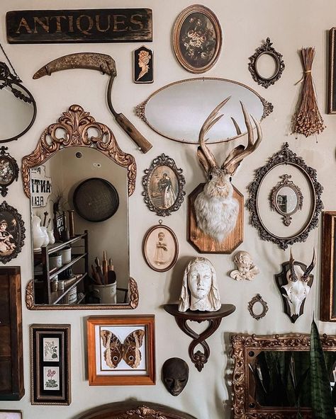 Gallery Wall Ideas Dark Academia, White Wall Maximalist Decor, Gothabilly Home Decor, Spooky Maximalism, Sarita Handa, Eclectic Maximalist Decor, Victorian Gothic Decor, Dark Boho, Victorian Home Decor