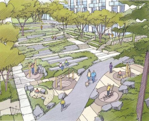 Woodland Park redevelopment calls for over 2,000 homes - urbanYVR City Parks Design, Parking Plan, Landscape Architecture Graphics, Landscape Architecture Plan, Urban Design Graphics, Port Moody, Landscape Design Drawings, Urban Design Architecture, Landscape Architecture Drawing