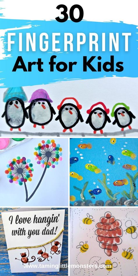 30 Ways to Make Fingerprint Art for Kids. Turn finger and thumbprints into these cute arts and crafts for kids. Perfects for toddlers, preschoolers and kindergarteners. #artsandcrafts #toddler #preschool #kindergarten Finger Stamp Art, Fingerprint Art Preschool, Fingerprint Art Kids Christmas, Balloon Fingerprint Art, Rainbow Fingerprint Art, Fingerprint Crafts For Toddlers, Fingerprint Keepsake Ideas, Finger Art For Kids, Toddler Fingerprint Art