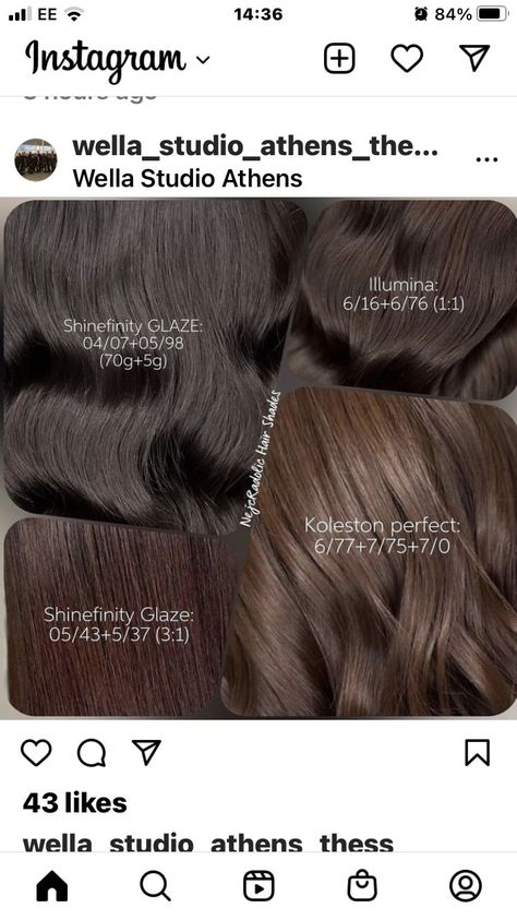 Wella Brunette Hair Color, Chocolate Brown Wella Formula, Cool Chocolate Brown Hair Formula, Light Brown Color Formula, Wella Brown Hair Color Formulas, Wella Brown Hair Color, Wella Ash Brown Formula, Chocolate Brown Hair Formula Wella, Wella Brunette Formulas