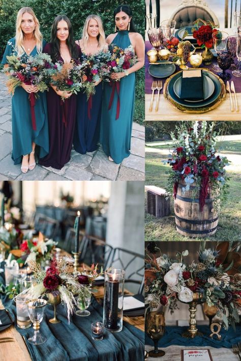 Dark teal and burgundy boho fall wedding color ideas     #wedding #weddingideas #weddingcolors Teal Wedding Colors Schemes, Dark Teal Weddings, Teal And Burgundy, Dusty Rose Wedding Colors, Teal Wedding Colors, Burgundy Wedding Colors, Wedding Color Ideas, Jewel Tone Wedding, Green Wedding Colors