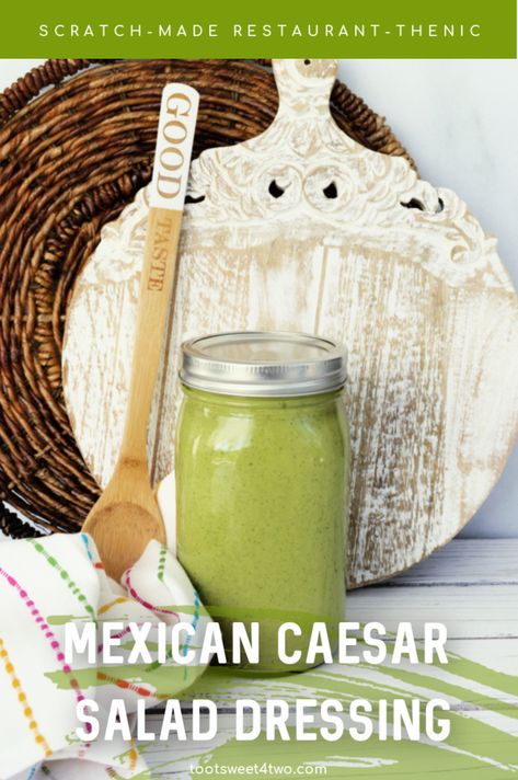 Made in a blender, this savory and delicious Mexican Caesar Salad Dressing is rich and creamy. Roasted Anaheim peppers are blended with lots of cilantro, Cotija cheese, pepitas, and other salad dressing ingredients to create a restaurant-thentic salad dressing that your family will crave. Serve on a Mexican Caesar Salad or think outside the box to use this on a Mexican Caesar pizza, sandwich wraps, or drizzled on roasted chicken, grilled steak, or shish kebobs! Yum! |tootsweet4two.com Mexican Caesar Salad, Caesar Pizza, Anaheim Peppers, Ceasar Dressing, Garbanzo Beans Salad, Stuffed Anaheim Peppers, Mexican Salads, Caesar Salad Dressing, Sandwich Wraps