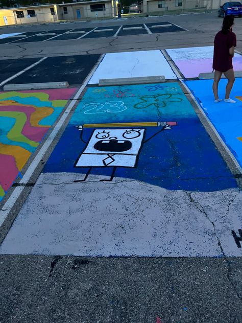 Four Years Later Parking Spot, Cartoon Parking Spots, Tennis Parking Spot Painting, Senior Parking Spaces Spongebob, Guy Parking Spot Painting, Parking Space Painting Ideas Funny, Music Themed Senior Parking Spot, Best Senior Parking Spots, Boys Painted Parking Spots