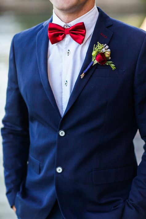 Blue Suit Bow Tie, Red White Blue Wedding, Navy Blue Groom, Patriotic Wedding, Wedding Color Combinations, Wedding Colors Red, Nautical Wedding Theme, Red Bow Tie, July Wedding