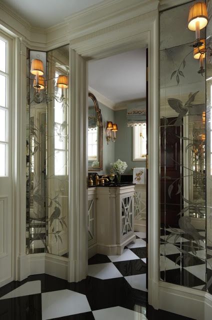 www.eyefordesignlfd.blogspot.com n: Decorate With Mirrored Walls How To Have Style, Scott Snyder, French Country Bathroom, The Enchanted Home, Mirrored Wall, Enchanted Home, White Floors, Beautiful Bathrooms, Beautiful Interiors