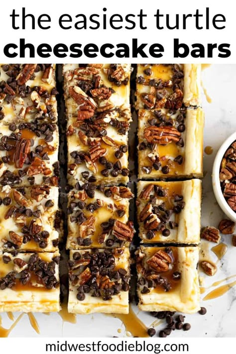 Quick & Easy Turtle Cheesecake Bars | 12 ingredients, less than an hour and they're baked in a 9x13 pan. These turtle cheesecake bars are the easiest and most delicious simple dessert you'll ever eat! Easy Turtle Cheesecake, Turtle Cheesecake Bars, Turtle Cheesecake Recipes, Turtle Cheesecake, Night Recipes, Simple Dessert, Cheesecake Bites, Party Recipes, Cheesecake Bars