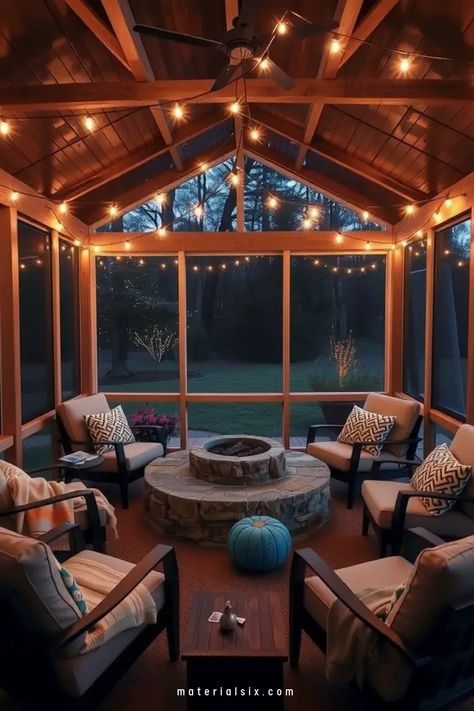 Cozy screened-in porch with string lights, a fire pit, and cushioned chairs. Screened Back Porch Ideas, Screened Porch Decorating, Porch Decorating Ideas, Back Porch Ideas, Screened Porch, Outdoor Oasis, Back Porch, Porch Ideas, Long Day