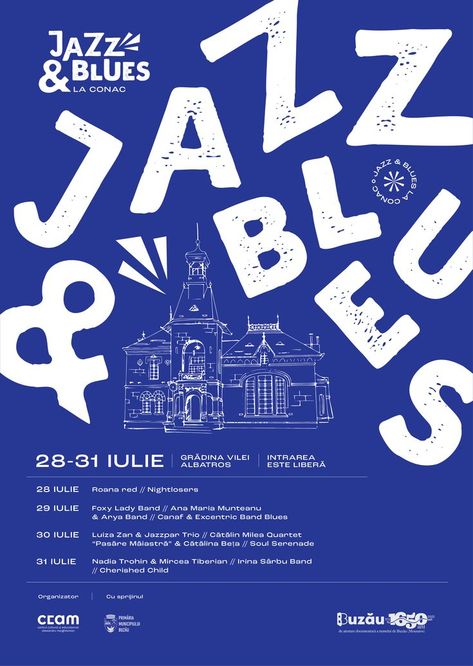 Event Poster Design Typography, Abstract Layout Design, Music Gig Poster Design, Blue And White Poster Graphic Design, Jazz Design Graphics, Music Poster Ideas Illustration, Typography Festival Poster, Jazz Poster Design Typography, Jazz Flyer Design