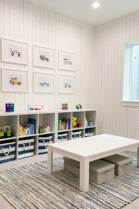 #playroom #playroomfurniture #playroomgoals #serenaandlily #wallpaper #wallpaperideas #kidsroom #kidsroomideas #kidsroomdecor #kidsroomdesign #basementrenovation #basement Playroom Guest Room Combo, Bonus Room Playroom, Playroom Layout, Playroom/guest Room, Simple Playroom, Blue Playroom, Organize A Playroom, Playroom/living Room, Loft Playroom