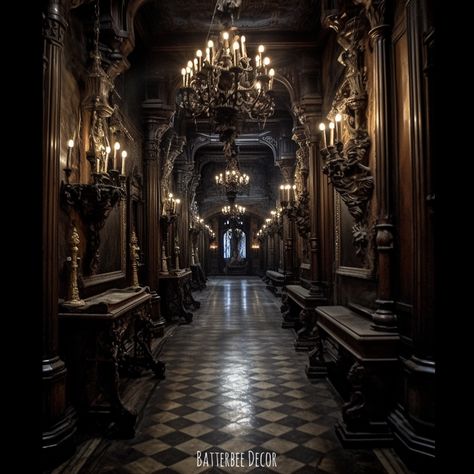 Gorgeous Victorian Gothic ornate hallway in rich browns with candelabras and candles. Dark Victorian Staircase, Candleabras Gothic, Gothic Interiors Victorian, Gothic Entrance Hall, Dark Victorian Hallway, Victorian Gothic Mansion Exterior, Gothic Castle Hallway, Gothic Manor Aesthetic, Black Victorian House Interiors