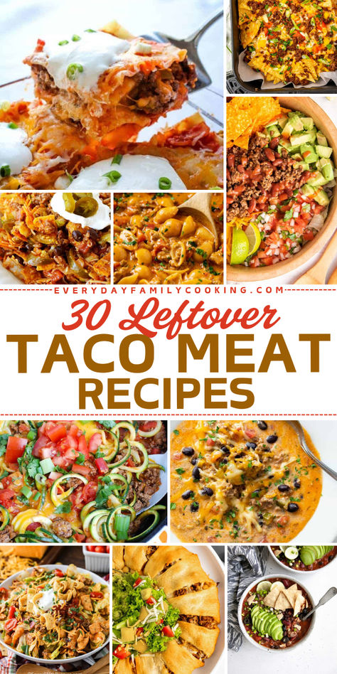 Who doesn't love Taco Tuesday?! Delicious and easy leftover taco meat recipes to make with extra ground beef or ground turkey seasoned with taco seasonings. Sounds like the best taco meat recipes, right? Definitely, these are must-try, simple taco recipes! Taco Meat Recipes Healthy, Dishes With Taco Meat, Leftover Taco Meat And Rice Recipes, Taco Meat Meal Ideas, Dinner Ideas With Leftover Taco Meat, Ideas For Taco Meat, Meals With Leftover Taco Meat, Ground Beef Taco Meat Recipes, Things To Do With Taco Meat