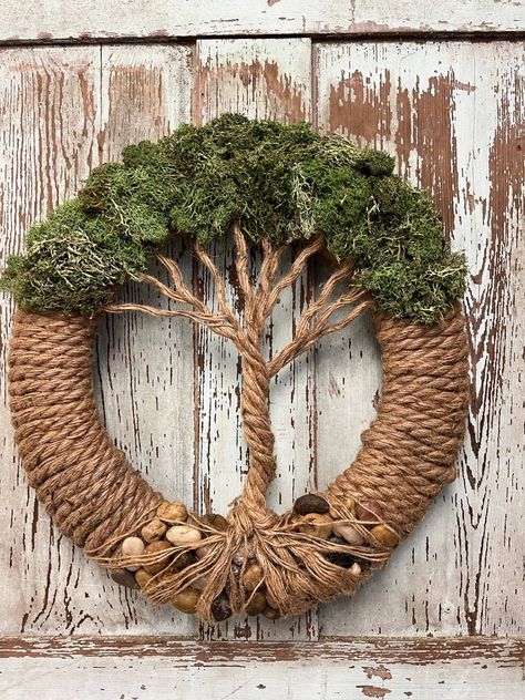 DIY Tree Of Life Wreath - The Shabby Tree Diy Tree Of Life Wreath, Weeping Wreaths, Autumn Wreath Ideas, Tree Of Life Wreath, Diy Tree Of Life, Woven Wreath, Rope Wreath Diy, Rope Wreaths, Cross Wreath Diy