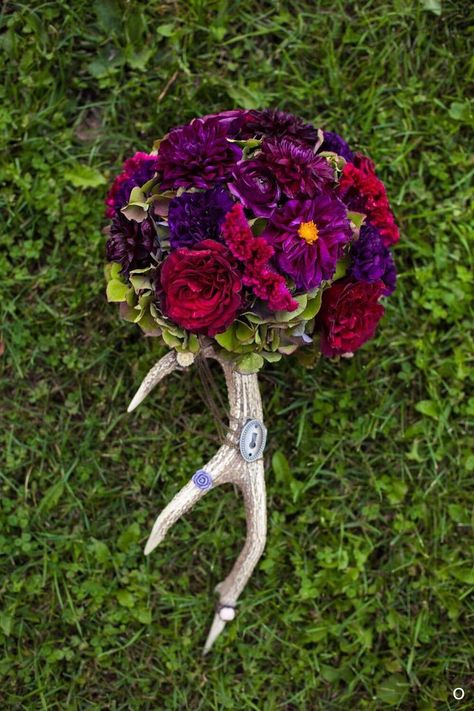 Unique Bridal Bouquets, Rustic Woodland Wedding, Antler Wedding, Purple Wedding Bouquets, Viking Wedding, Country Theme Wedding, Camo Wedding, Rustic Bouquet, Fall Wedding Bouquets