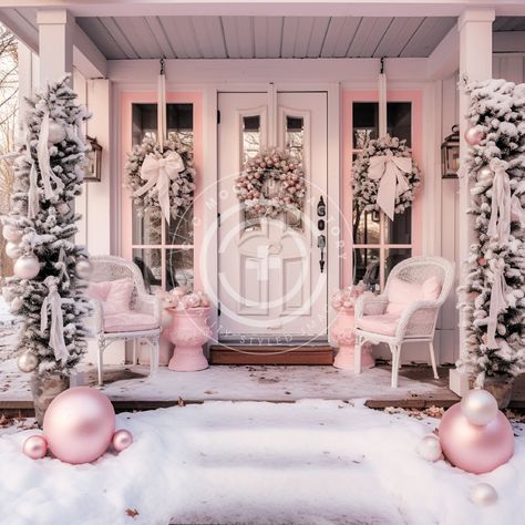 This wonderful Christmas Front Door stock image/ mockup photo features a Pink & White French Country Cottage Aesthetic & a welcoming, cozy holiday vibe.  Vibe: Pink, Pastel, French Country, Cozy, Warm, Country, Classic, Pretty, Cottagecore, Festive, Christmas, Holiday THIS IMAGE IS ALSO AVAILABLE IN THESE BUNDLES: + Our 'Full House' Pink Christmas House Pink & White Decor Bundle of 72 images:  https://www.etsy.com/listing/1583930995/pink-christmas-mockup-bundle-set-of-72  + Our bundle of 12 Pink Christmas Front Doors here: https://www.etsy.com/listing/1569756804/pink-christmas-front-door-multi-use The perfect vessel to showcase your brand! Our mockups/stock images are simple to use - just add your graphic, make any edits you need for the most realistic aesthetic (add a drop shadow & adjust Outdoor Pink Christmas Decor, Pink Christmas Porch, Pink Christmas Outdoor, White Christmas Aesthetic, Pink White Christmas, Pink White Decor, French Country Cottage Christmas, Front Door Images, Vibe Pink