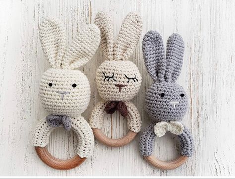 Crochet Teether, Neutral Easter, Easter Basket Toys, Natural Baby Toys, Wooden Teething Ring, Teether Toys, Teething Ring, Baby Easter, Bunny Toys