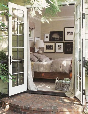 I Love these French doors in the bedroom.  I'd like to have French doors onto a small balcony with stairs down to the back yard. Casa Country, Contemporary Cottage, Cottage Living, Beautiful Bedrooms, Patio Doors, Dream Bedroom, My New Room, Home Fashion, 인테리어 디자인