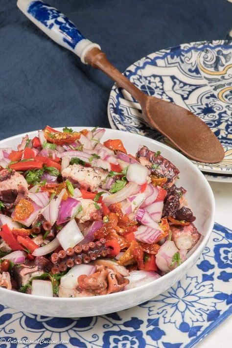 Portuguese Octopus Salad (Salada de Polvo) Octopus Potato Salad, Grilled Octopus Salad, Portuguese Salad Recipes, Portuguese Salads, Portuguese Salad, Portuguese Octopus, Octopus Salad Recipe, Octopus Dishes, Dragons Face