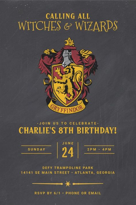 Harry Potter Birthday | Gryffindor Chalkboard Invitation
Celebrate your child's birthday with these Gryffindor Crest Chalkboard Birthday Invitations! Whether they're in Gryffindor, Slytherin, Hufflepuff, or Ravenclaw, your child and their friends can celebrate together with the Hogwarts School of Witchcraft and Wizardry Crest. Don't forget to send out the matching Gryffindor Crest thank you notes! Harry Potter Party Invitations, Harry Potter Birthday Invitations, Harry Potter Invitations, Unique Birthday Ideas, Hogwarts Party, Harry Potter Theme Birthday, Chalkboard Invitation Template, Chalkboard Birthday, Harry Potter Bday