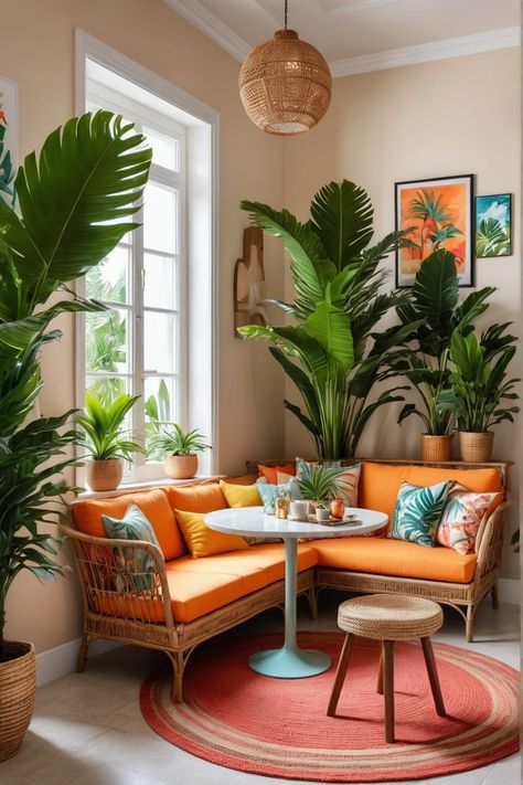 Bright and cozy tropical-themed living room with an orange sofa, lush green plants, a round table, and wall art. Tropical Style Interior Design, Tropical Decor Ideas, Modern Tropical Interior Design, Coffee Nooks, Bedroom Furniture Placement, Tropical Chic Decor, Restroom Ideas, Tropical Furniture, Beach Glam