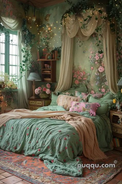 Whimsical Home Decor Ideas: Add Magic to Your Living Space - Puqqu Green Shabby Chic Bedroom, Light Green And Pink Bedroom, Ethereal Bedroom Aesthetic, Vintage Feminine Bedroom, Ethereal Bedroom, Shabby Chic Decor Ideas, House Themes, Coquette Bedroom, Fairytale Bedroom