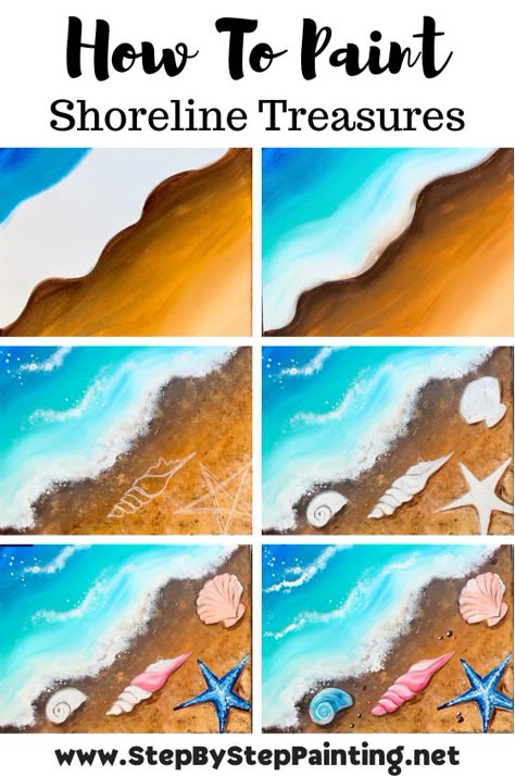 Shoreline Seashells - Acrylic Painting Tutorial Sand Acrylic Painting, Seashell Art Painting, Painting Seashells, Color Art Lessons, Ocean Art Painting, Ocean Waves Painting, Fall Canvas Painting, Collage Style, Canvas Painting Tutorials