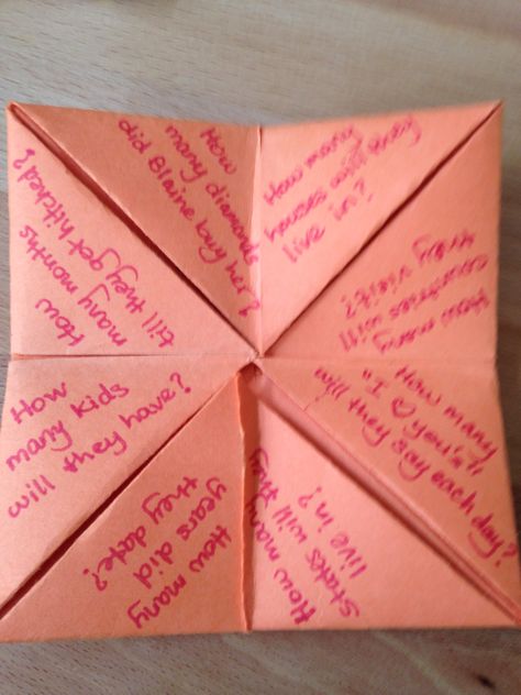 Sorry for the poor picture quality! I made these 90's fortune teller games with bridal shower questions on them. You can see them on the tables. Fortunes For Fortune Tellers, Funny Fortunes For Fortune Tellers, Fortune Teller Ideas, Funny Fortunes, Fortune Teller Game, Origami Fortune Teller, Fortune Teller Paper, Bridal Shower Questions, Fortune Tellers