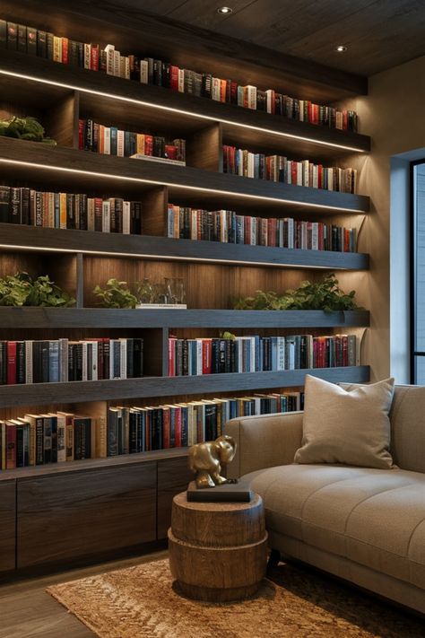 Bring style and sophistication to your home with illuminated wooden shelves for your books. Add small planters and rustic decor to craft a warm, inviting space that combines functionality with artistic flair. #CozyBookshelf #HomeLibraryGoals #LEDDecor #WoodenShelves #InteriorStyling #BookLoversDecor #ModernRustic #GreeneryAndBooks #WarmLighting #FunctionalArt Open Concept Bookshelves, Floating Shelf Library, Brown Bookshelf Aesthetic, Dark Brown Bookshelf, Dark Bookshelf Styling, Wall Of Shelves, Dark Bookshelves, Books On Shelf, Brown Bookshelf