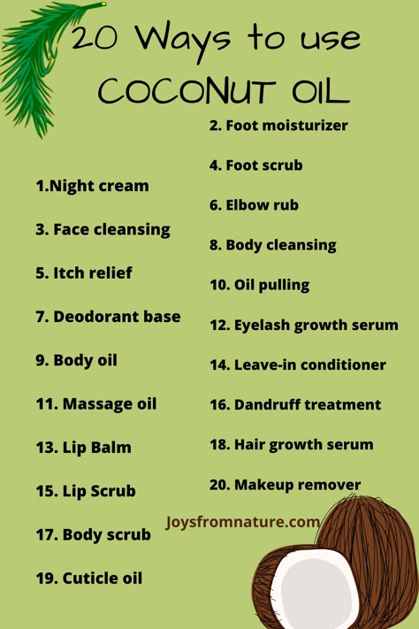 Coconut oil can be used in many ways for skin care, hair care and overall body care. Here are 20 ways to use coconut oil. Read the full article for fun recipes and tips. Ways To Use Coconut Oil, Coconut Oil Hacks, What To Do With Coconut Oil, How To Use Coconut Oil For Skin, How To Make Coconut Oil, How To Use Coconut Oil For Hair, Use Of Coconut Oil, Coconut Oil For Lips, Uses Of Coconut Oil