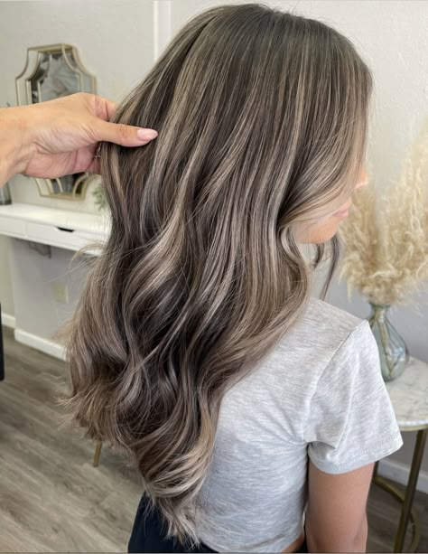 Light Brown And Highlights, Darkish Hair Color Ideas, Light Bayalage On Dark Hair, Ashy Brown Hair With Platinum Highlights, Ash Brown Hair With Highlights Blondes, Cool Highlights On Brown Hair, Ashy Teasy Lights, Ash Blonde Highlights On Brunette Hair, Blonde Ash Balayage On Dark Hair