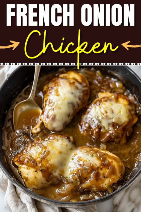 This tempting French onion chicken is the ultimate comfort food! It has all of the flavors of the classic soup in a convenient, one-skillet meal. Onion Soup Chicken Recipes, Easy French Onion Chicken, Crackpot Chicken, Chicken French, French Onion Chicken, Chicken Skillet Recipes, Mind Diet, 2024 Recipes, Main Course Dishes