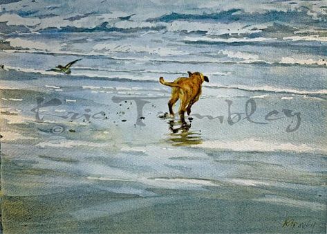 Dog portrait Beach Dog yellow lab watercolor art print 7x10 KrisTrembley Watercolor Dog Portrait, Dog Portraits Art, Dog Running, Beach Illustration, Beach Artwork, Running On The Beach, Beach Watercolor, Watercolor Dog, Dog Beach