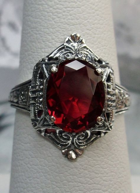 Ruby Ring/ Solid Sterling Silver/ Oval Simulated Red Ruby - Etsy UK Goth Ring, Star Ruby Ring, Silver Ruby Ring, Rubies And Diamonds, Gothic Rings, Classy Jewelry, Sterling Silver Filigree, Deco Jewelry, Filigree Ring