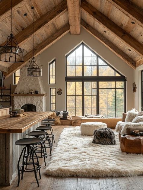 My Cozy Cabin Cosy Cabin Living Room, Cabin Modern Interior, Modern Wooden Cabin, Small Cabin Interiors Cozy, Modern Log Cabin Interior, Chalet Style Homes Interior, Swiss Ski Chalet, Cottage Mountain, Cozy Mountain Cabin