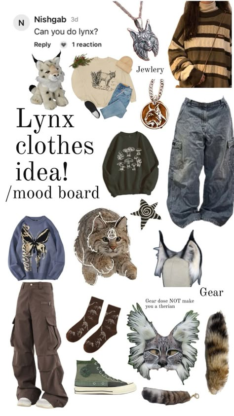 Lynx clothes ideas and mood board Mood Board Clothes, Lynx Therian, Clothes Ideas, Lynx, Mood Board, Mask, Clothes