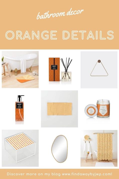 Orange details in the bathroom decor Decor Mood Board, Beautiful Bathroom Decor, Orange Details, Orange Sofa, Living Room Orange, Orange Decor, Geometric Prints, Orange Aesthetic, Orange Wallpaper