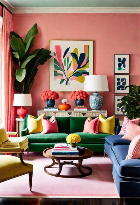 Interior Designer Tips & Tricks for How to Decorate an Adult Room Using Pink Coral Pink Living Room, Pink Interior Design Living Room, Pink Walls Living Room, Pink And Orange Living Room, Pops Of Color Decor, Pink Green Living Room, Pink Accents Living Room, Adult Room Ideas, Coral Living Room