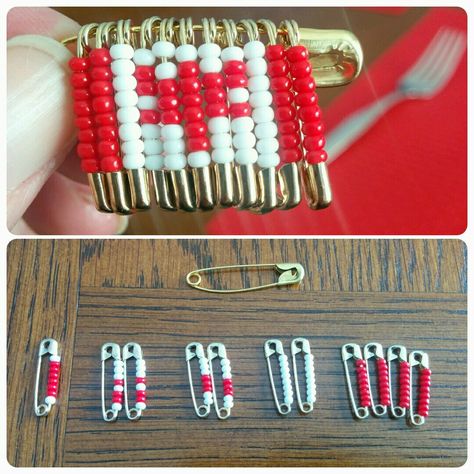 Canada Flag - Hat Swap 11 small pins, 1 large pin 8 glass beads per pin. Hat Traders Girl Guide, Safety Pin Jewelry Patterns, Swaps Ideas, Safety Pin Crafts, Scout Crafts, Flag Beads, Beaded Diy, Safety Pin Jewelry, Vbs 2023