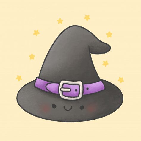 Cartoon Witch Hat, Witch Hat Drawing Easy, Kawaii Witch Hat, Cute Witch Hat Drawing, Witch Drawing Cute, Witch Hat Doodle, Witch Hat Cartoon, Witches Hat Doodle, Cute Witch Drawing