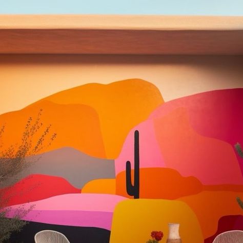 Blaise Danio on Instagram: "You can take the girl out of the desert 🌵Sunset colors will forever by the palette that brings me the most joy 💫" Desert Playroom, Desert Sunset Mural, Desert Mural Wall, Juno Bedroom, Yard Mural, Airbnb Styling, Cowboy Pools, Cactus Mural, House Playroom