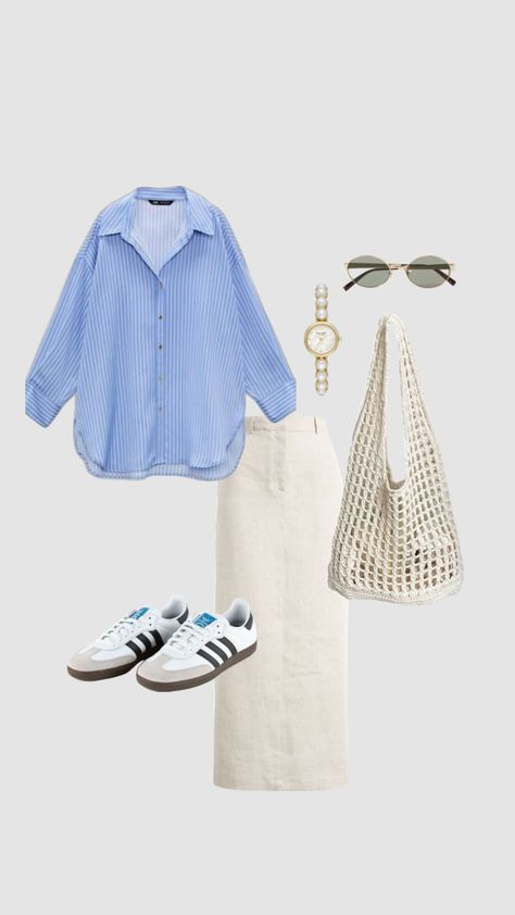 Casual ootd #buttonup #maxiskirt #sambas #totebag #modesty Casual Ootd, Maxi Skirt, Button Up, Ootd, Tote Bag