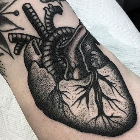 Black Work Heart Tattoo, American Traditional Anatomical Heart Tattoo, Anatomical Heart Tattoo Traditional, Blackwork Heart Tattoo, Traditional Anatomical Heart Tattoo, Blackwork Tattoo Coverup, Chest Tattoo Heart, Old School Heart Tattoo, Traditional Black And Grey Tattoos