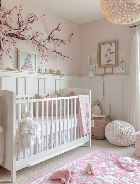 Pink Flower Wall Nursery, Light Pink For Nursery, Baby Girl Nursery Pink And White, Girl Nursery With Wallpaper, Light Pink Nursery Ideas, Baby Girl Crib Ideas, Nursery Colors Girl, Neutral Baby Nursery Ideas, Pink Baby Nursery Ideas