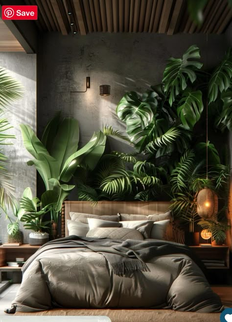 Modern Wabi Sabi Interiors, Earthy Modern Bedroom, Bedroom Jungle, Reclaimed Wood Bed Frame, Jungle Bedroom, Earthy Modern, Modern Bedroom Ideas, Cozy Bedrooms, Earthy Bedroom